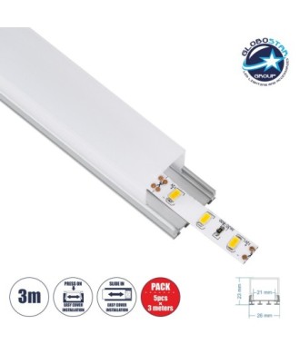 GloboStar® SURFACEPENDANT-PROFILE 70847-3M Προφίλ Αλουμινίου - Βάση & Ψύκτρα Ταινίας LED με Λευκό Γαλακτερό Κάλυμμα - Επιφανειακή & Κρεμαστή Χρήση - Πατητό Κάλυμμα - Ασημί - 3 Μέτρα - Πακέτο 5 Τεμαχίων - Μ300 x Π2.6 x Υ2.3cm